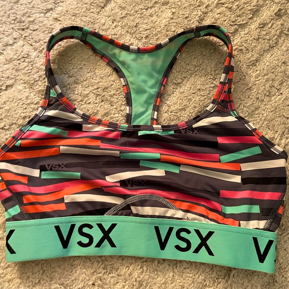 sports bra from vsx, large, pink orange blue white black and gray
